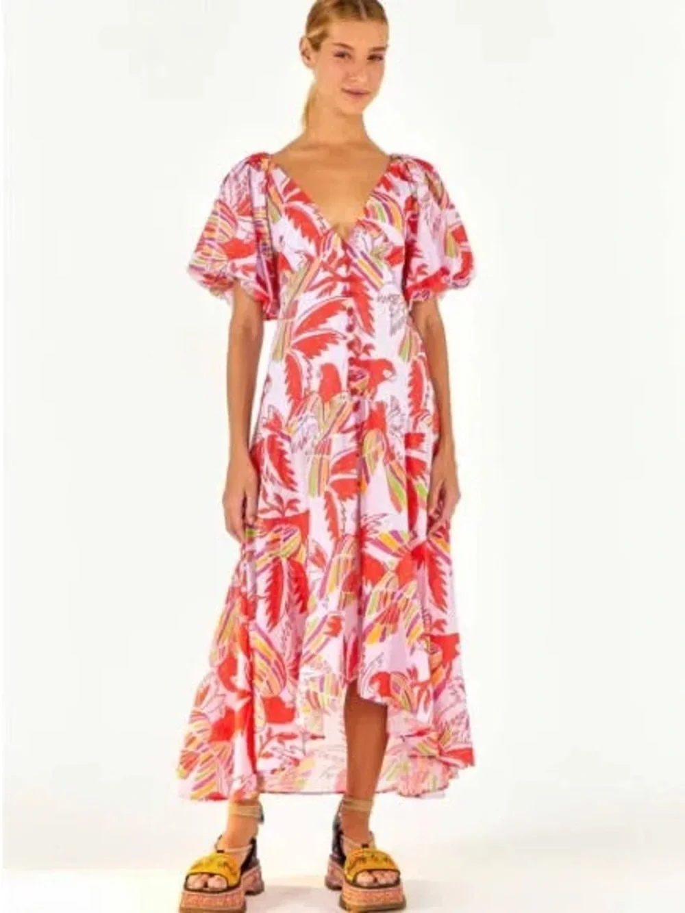 Farm Rio Red Parrot-Print Puff-Sleeve Midi Dress - Women